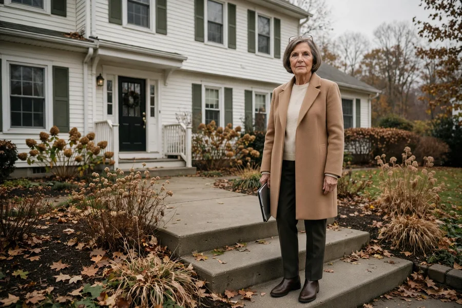 Rita Nowak standing on the front steps of a house in Buffalo, New York, in late autumn, holding a clipboard.