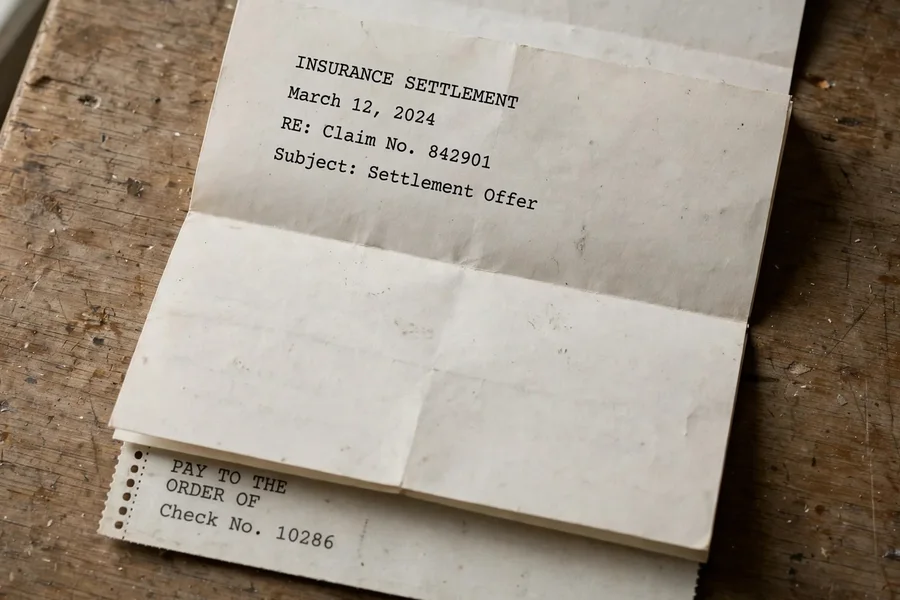 An insurance settlement letter folded in thirds on a wooden table, with the stub of a printed check underneath.