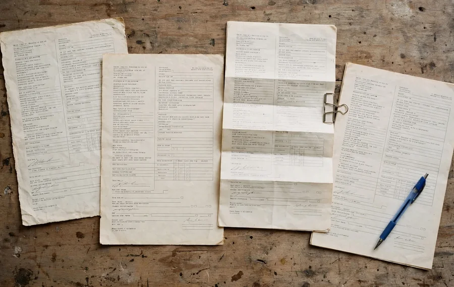 Four typed documents laid out side by side on a worn wooden table, with a pen and a paper clip.
