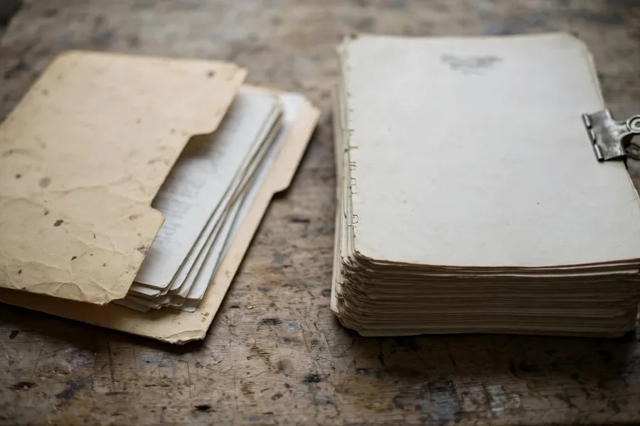 A thin folder of loose papers beside a thick stapled document on a wooden table.
